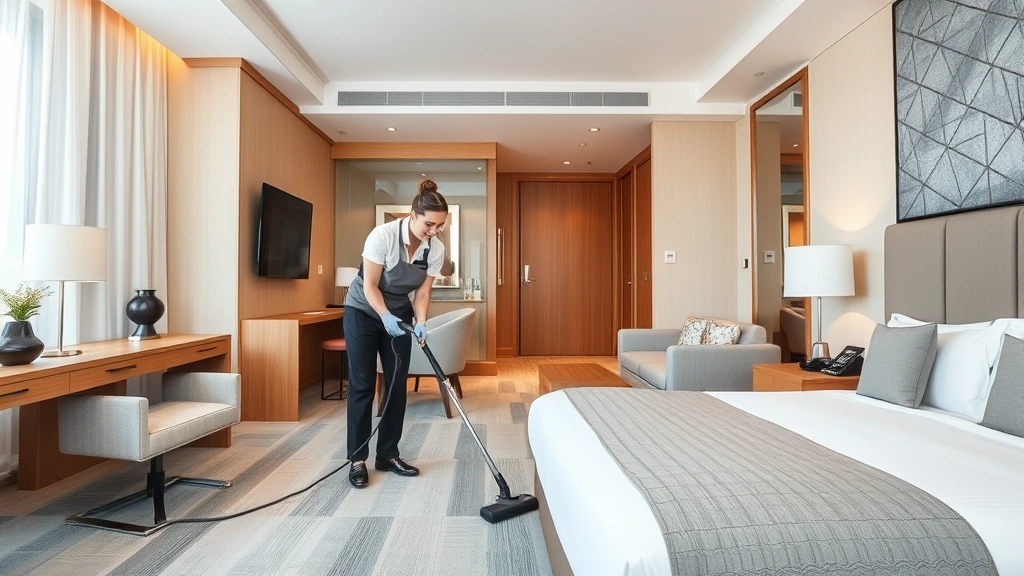 Hotel housekeeping staff member vacuuming and tidying a spacious modern hotel room with contemporary furniture, attention to detail visible, professional appearance