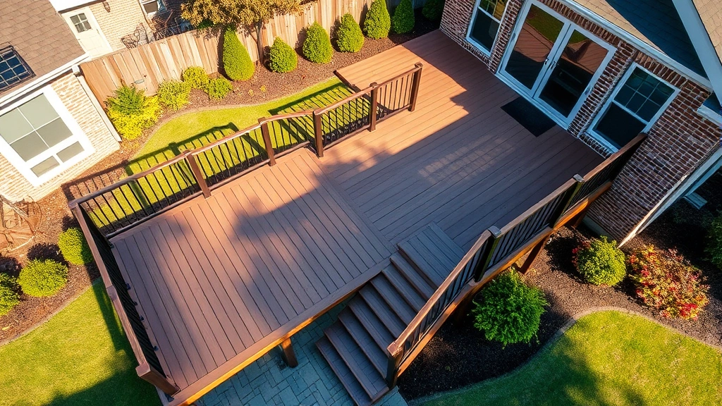 Wide aerial view of a beautiful residential deck attached to a brick home, showing pressure-treated wooden boards, metal railings, and integrated stairs descending to a manicured backyard with landscaping in afternoon sunlight