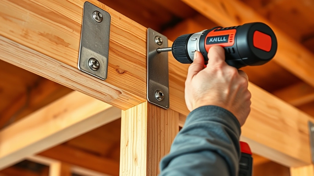Close-up of a carpenter installing galvanized joist hangers connecting wooden joists to a beam, showing proper fastening technique and structural framing details with power drill in use