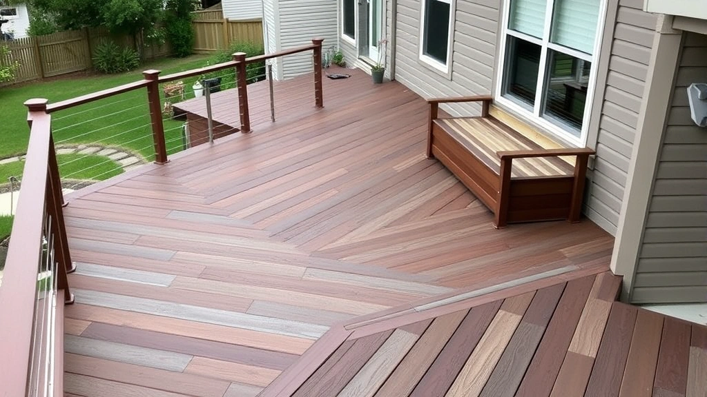 Finished elevated composite deck with mixed brown and gray tones, featuring cable railings, built-in wooden benches, and professional finishing with clean lines overlooking a garden area