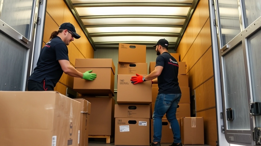 Professional moving team carefully loading cardboard boxes into moving truck, wearing uniforms and work gloves, focused on secure placement of household items