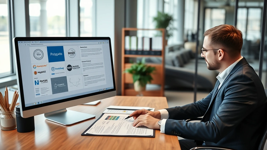 Professional trademark attorney in modern law office reviewing trademark applications and brand protection documents on computer screen with legal files