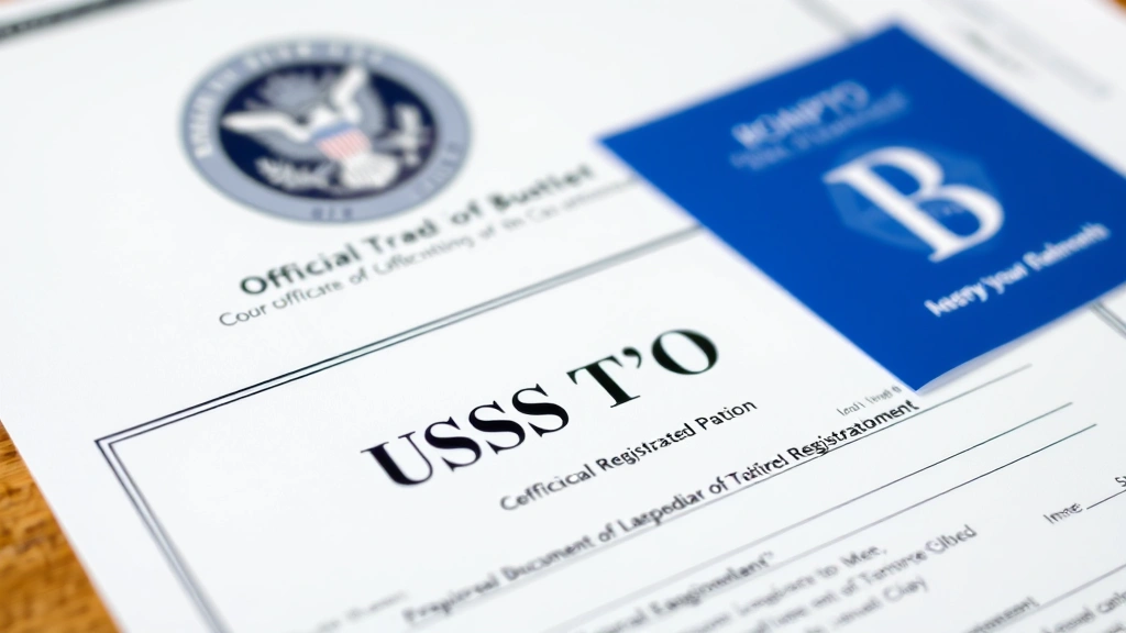 Close-up of USPTO trademark certificate and official registration documents with business branding materials and trademark symbol