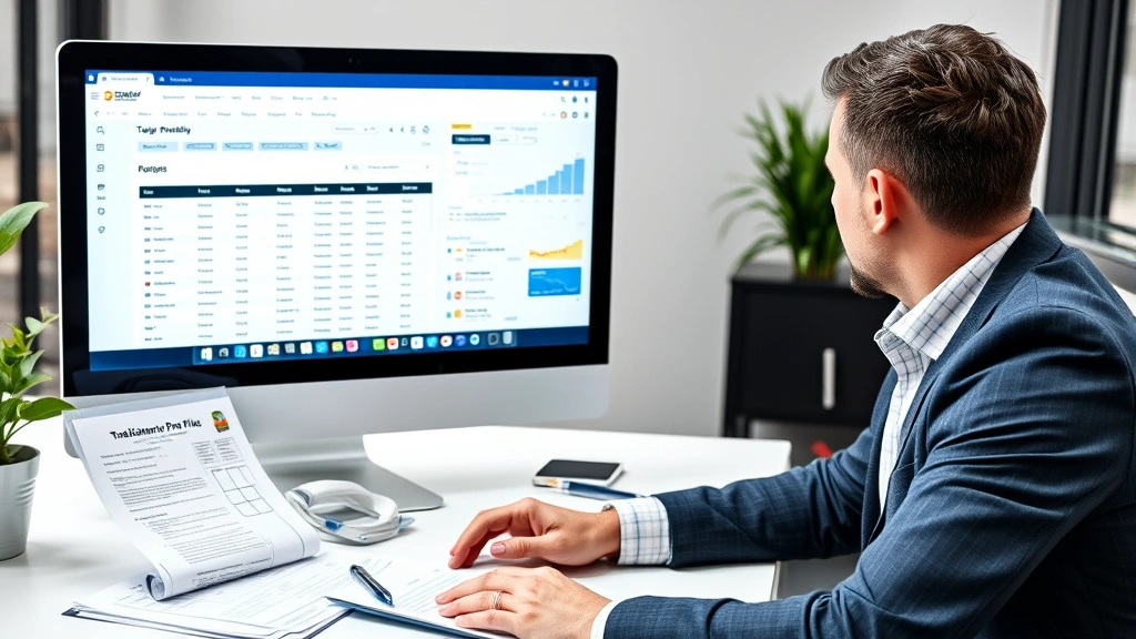 Business owner reviewing trademark search results and competitor analysis on computer monitor with trademark portfolio documentation and filing forms visible