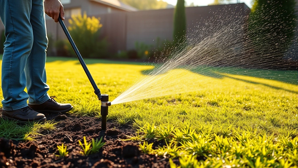 Professional landscaper using oscillating sprinkler on newly seeded lawn area with dark moist soil visible, morning sunlight, residential backyard setting