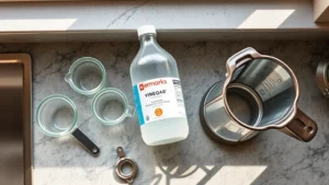 Overhead view of white distilled vinegar bottle next to measuring cups and a disassembled coffee maker carafe on a kitchen counter with natural morning light