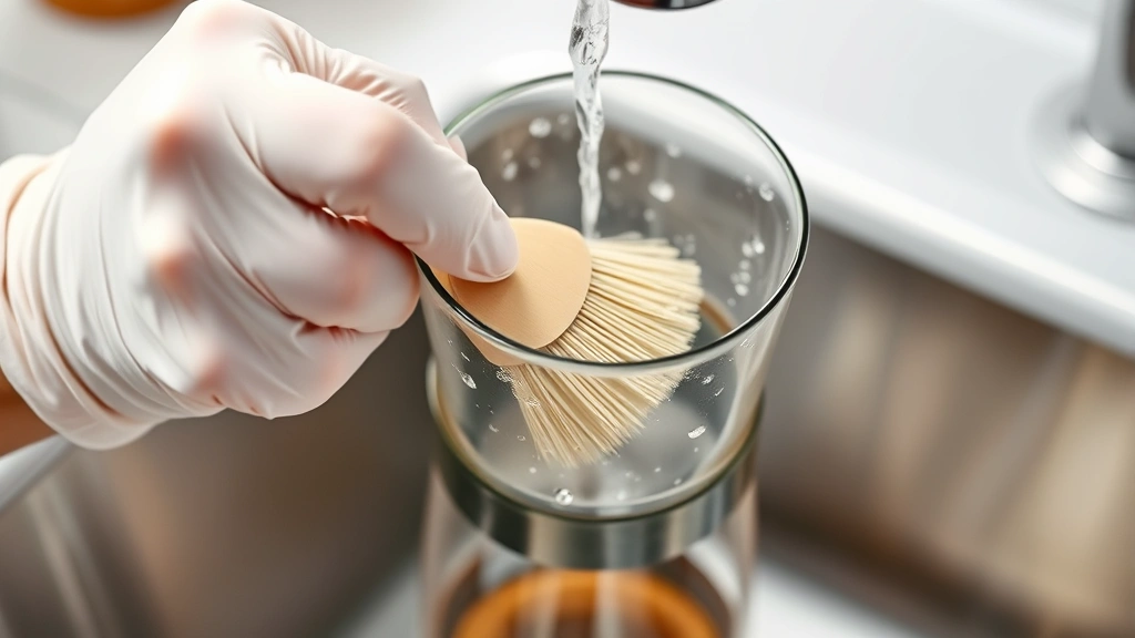 Professional hand wearing rubber gloves cleaning the interior of a glass coffee carafe with a soft brush under running water, demonstrating proper rinsing technique