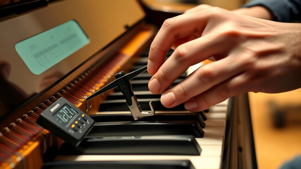 Professional piano technician using a specialized tuning lever on piano strings with an electronic chromatic tuner visible, close-up of hands adjusting tuning pins in the pinblock, warm studio lighting showing precision work
