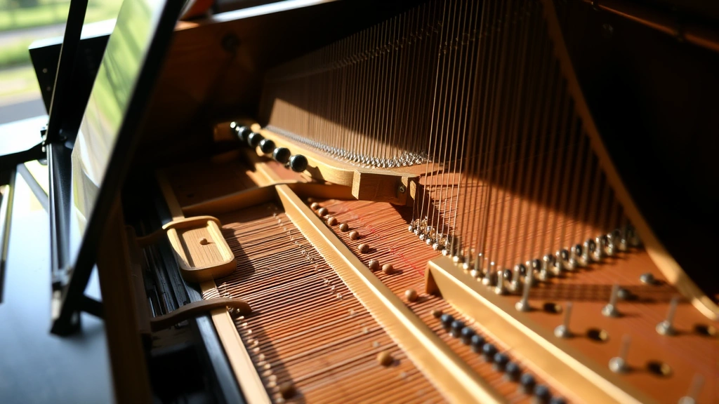 Piano interior showing the action mechanism, hammers, and strings clearly visible with focus on the tuning pin area and wooden pinblock, natural daylight illuminating the mechanical complexity