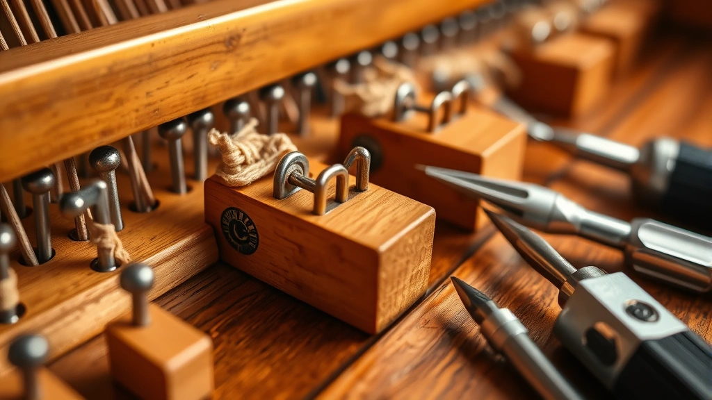 Detailed close-up of piano tuning pins embedded in wooden pinblock with wrapped strings, showing the mechanical precision and metal tuning pegs with professional tools nearby