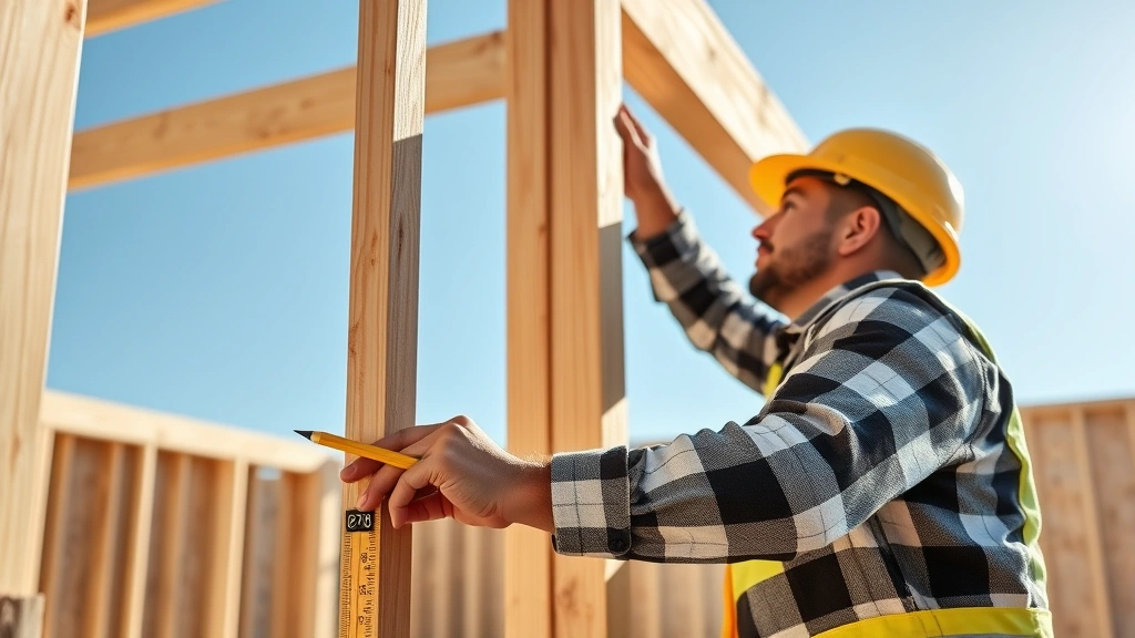 Professional carpenter measuring and marking wooden wall frame with pencil and measuring tape on bright sunny day, detailed construction site background