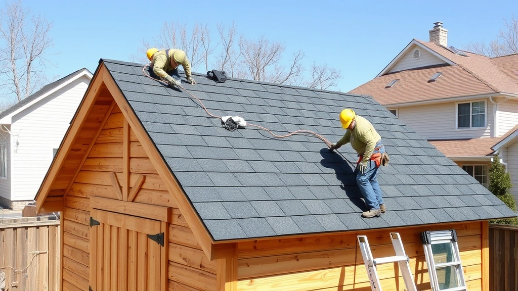 Workers installing asphalt shingles on steep pitched roof of new wooden shed structure, proper safety equipment visible, residential setting