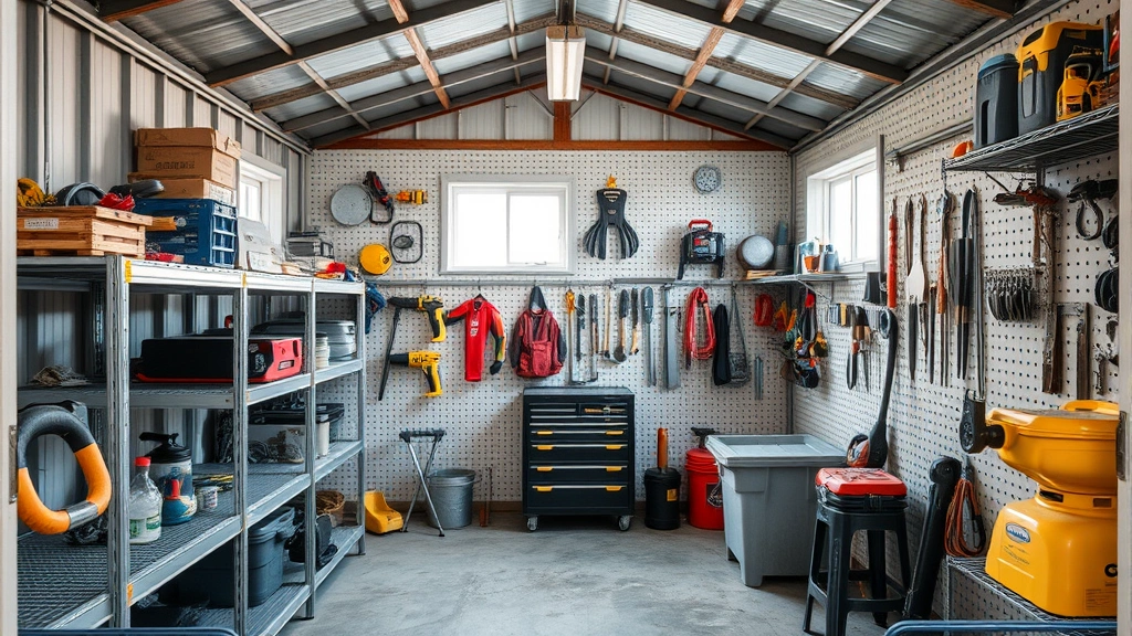 Interior view of organized shed storage with metal shelving units, hanging tools on pegboard, concrete floor, natural light from windows