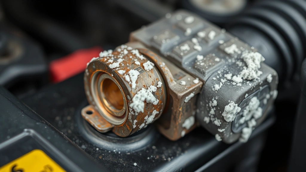 Close-up of car battery terminal showing corrosion buildup and white crusty deposits on positive and negative connections, photographed in engine bay with selective focus