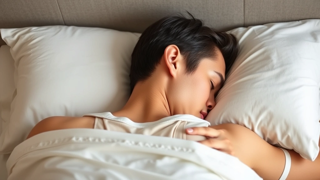 Detailed view of a person's neck and shoulders in bed with proper pillow alignment, showing correct head positioning and neutral spine support during sleep