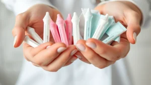 Close-up of hands holding multiple tampons in different absorbency levels, showing product selection and variety, clean medical aesthetic