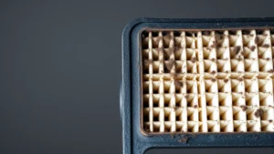 Close-up of a clean white engine air filter element next to a blackened, clogged air filter showing dirt accumulation and debris damage, photographed against neutral gray background with natural lighting