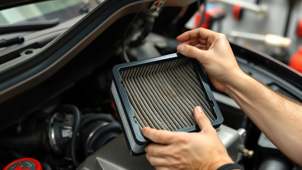Mechanic's hands removing a dirty air filter from an open engine air intake housing, showing the filter housing interior and connections, professional automotive workshop setting with tools visible