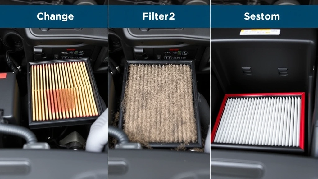 Step-by-step comparison showing three stages: clean filter installation, dirty filter with visible dust accumulation, and new filter replacement positioned in air intake box, professional automotive documentation style