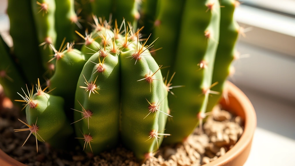 Close-up of healthy green cactus with firm texture in bright sunlight, showing well-defined segments and spines, potted in terracotta with visible well-draining sandy soil, professional studio lighting