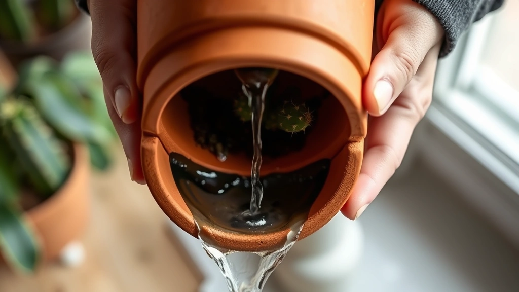 Hands holding terracotta pot with draining water pouring from bottom drainage hole, cactus visible inside with moist dark soil, clear water stream visible, natural indoor window light