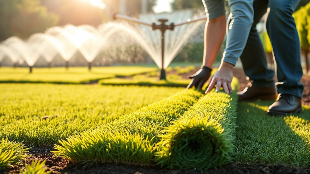 Professional landscaper installing fresh sod rolls on prepared soil with irrigation system visible in background, morning sunlight