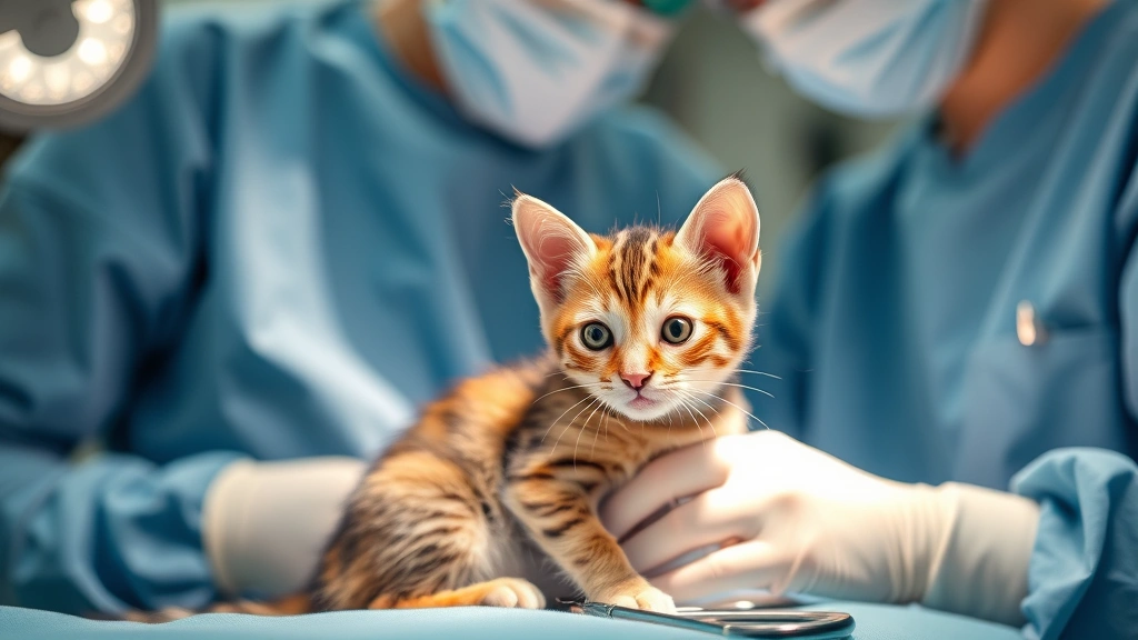 Veterinarian in surgical scrubs performing spay surgery on young tabby kitten under operating lights, surgical instruments visible, professional veterinary clinic setting