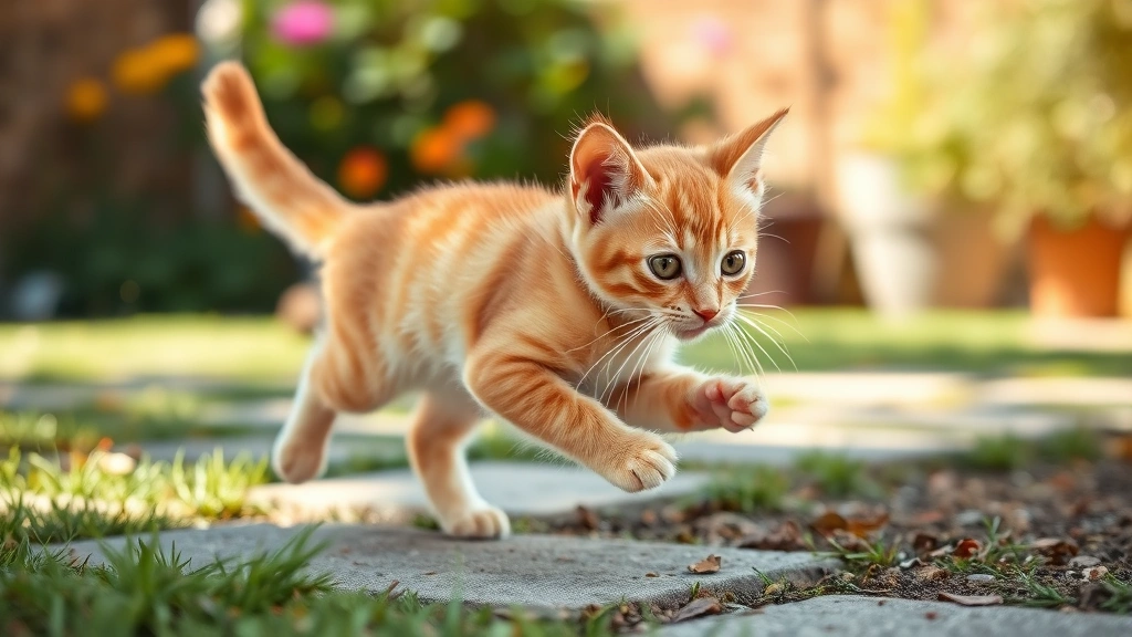 Healthy orange kitten playing and running outdoors in sunny garden, fully recovered post-surgery, showing normal active kitten behavior and vitality