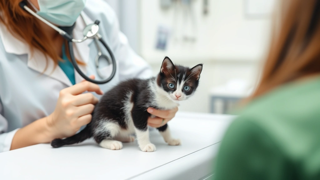 Veterinarian examining young black and white kitten during pre-operative health check, stethoscope in use, kitten sitting on examination table in clinic
