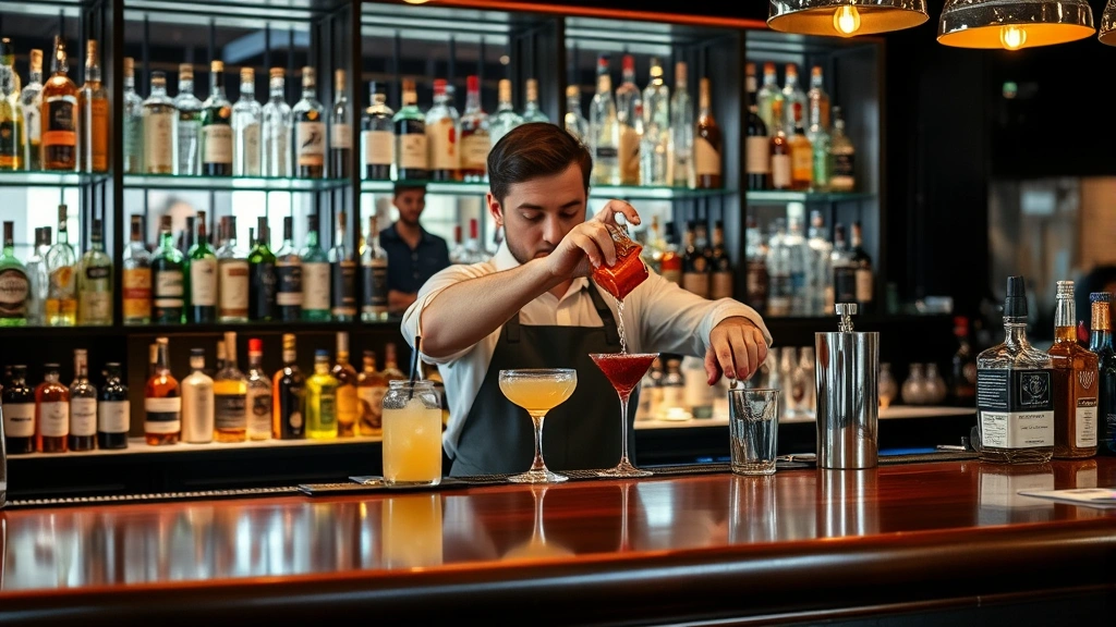 Professional bartender in apron mixing cocktail behind polished wooden bar counter with shelves of bottles, demonstrating proper bartending technique in well-lit commercial establishment