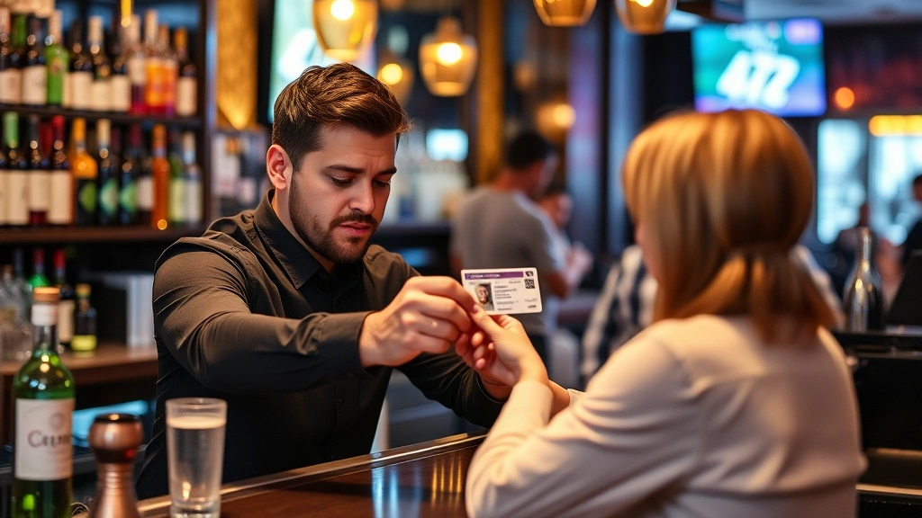 Bartender checking customer's government-issued photo ID at bar counter, showing proper age verification procedure with focused inspection of identification document
