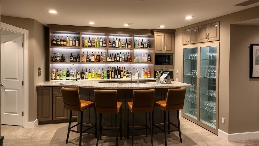 Home bar setup in modern basement with organized bottle display, bar stools, professional lighting, glassware storage, and mixing station for personal entertaining