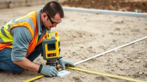 Professional contractor measuring and marking foundation layout on cleared ground with laser level and measuring tape, wearing safety glasses and work gloves