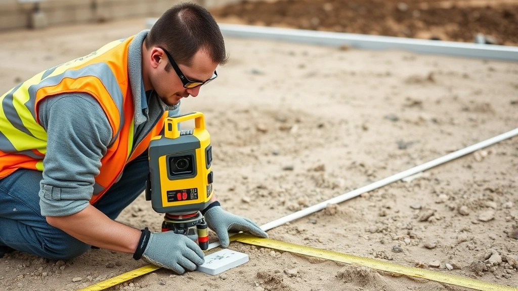 Professional contractor measuring and marking foundation layout on cleared ground with laser level and measuring tape, wearing safety glasses and work gloves