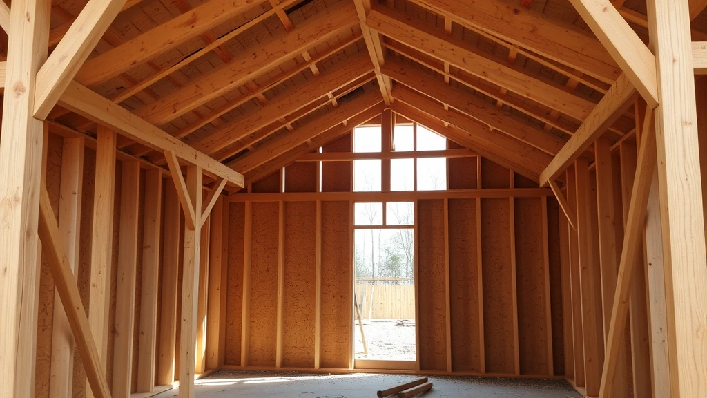 Wooden shed frame structure mid-construction showing proper stud spacing and diagonal bracing with framing square visible, natural daylight on building site