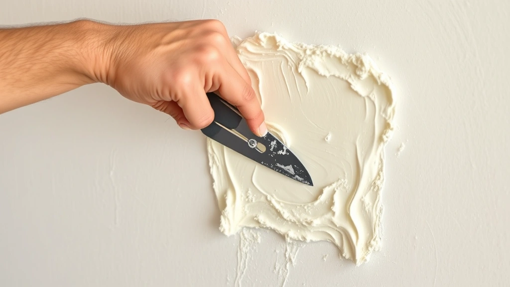 Close-up of hands applying joint compound to drywall patch with taping knife, showing proper feathering technique on wall repair