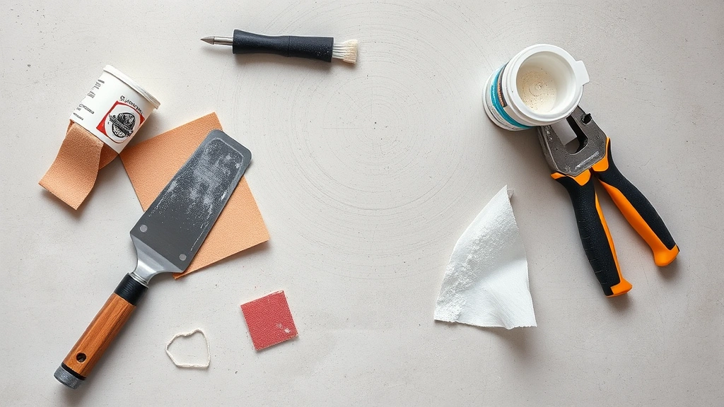 Overhead view of drywall repair tools laid out including putty knife, sandpaper, spackle container, and safety equipment on work surface