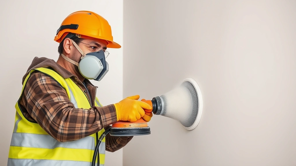 Worker in safety gear sanding drywall repair with pole sander, dust particles visible, proper respiratory protection worn