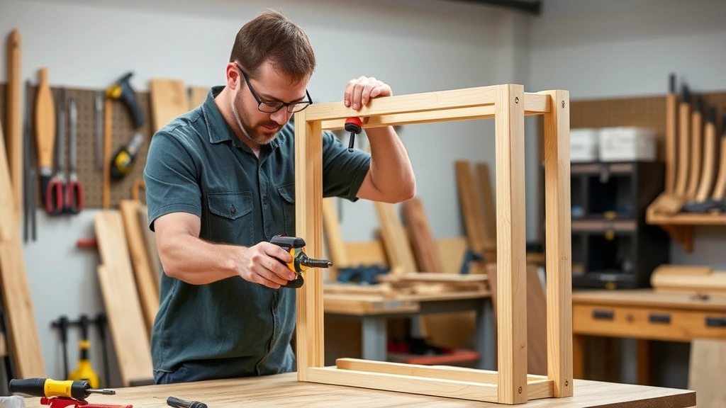 Professional woodworker assembling wooden wine rack frame using clamps and wood glue in well-lit workshop with hand tools visible