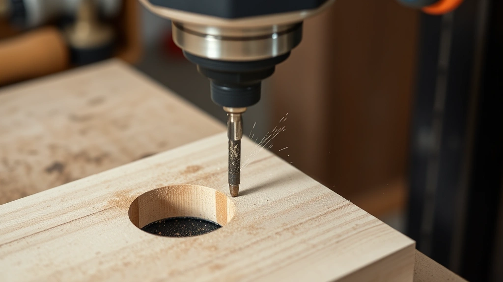 Close-up of drilling angled holes into wooden board using drill press at 45-degree angle with sawdust visible and safety equipment worn