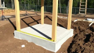 Concrete pier foundation installation with pressure-treated posts for shed construction, showing proper spacing and level verification in progress