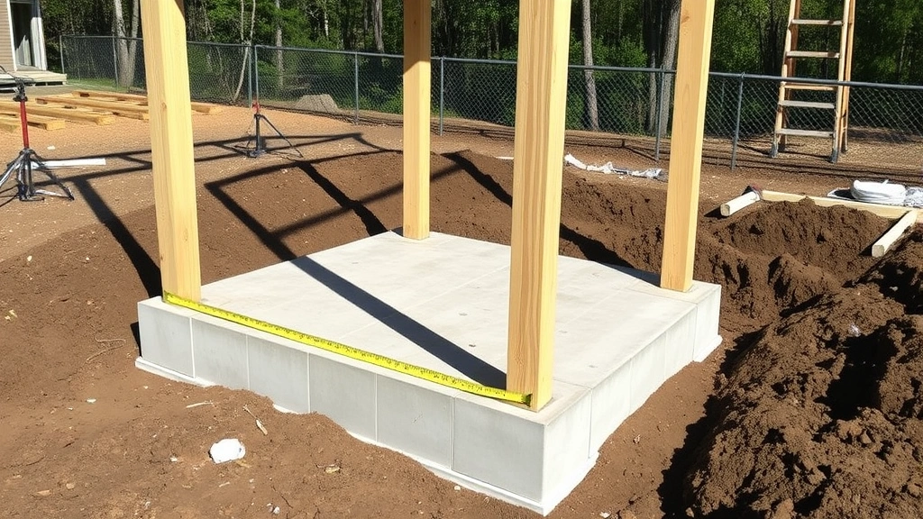 Concrete pier foundation installation with pressure-treated posts for shed construction, showing proper spacing and level verification in progress