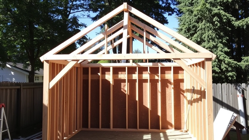 Framed shed structure with wall studs, roof trusses, and temporary diagonal bracing during mid-construction phase in backyard