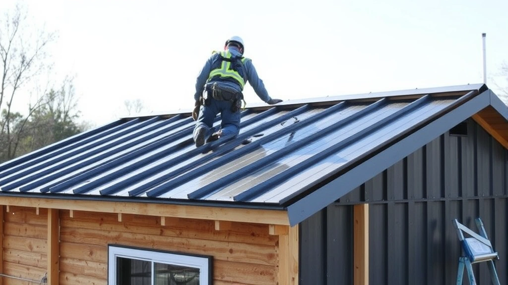Metal roofing installation on completed shed frame, showing proper flashing and underlayment application with worker in safety gear
