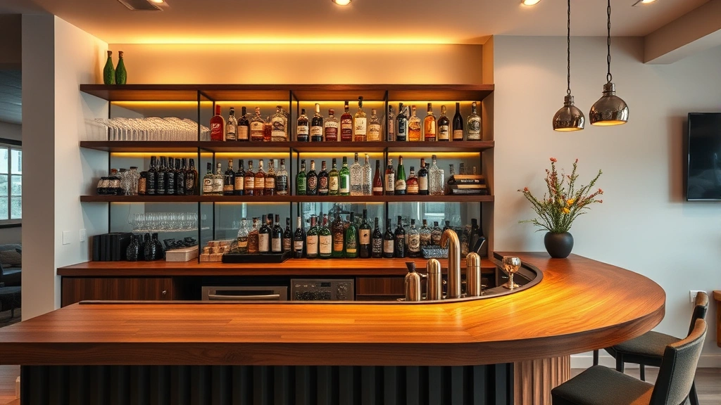 Professional home bar setup with wooden counter, shelving displaying various liquor bottles and glassware, warm ambient lighting, modern residential interior design, no people visible, photorealistic