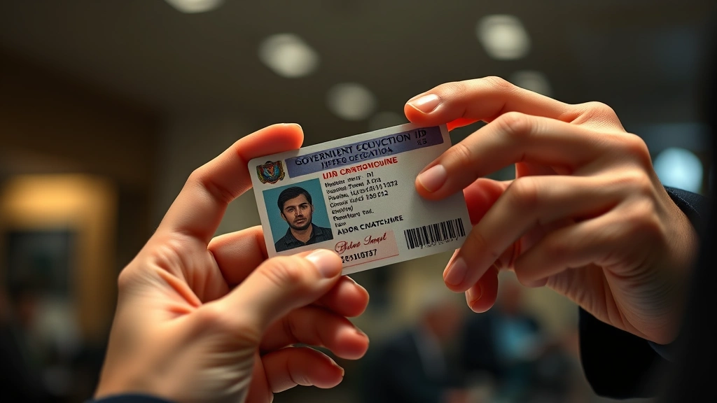 Close-up of hands examining government-issued ID card under good lighting, checking identification details, verification process demonstration, indoor setting, no faces or personal information visible