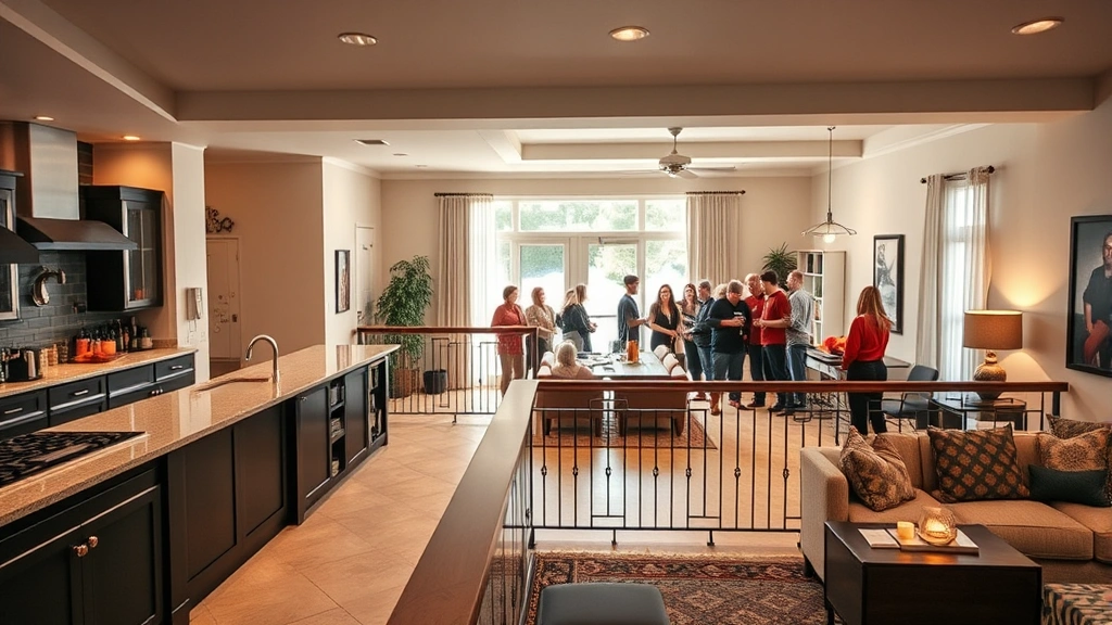 Home entertainment space with bar area, comfortable seating, food preparation surface visible, safety railings on elevated platform, well-lit residential room with guests gathered safely at distance, photorealistic interior