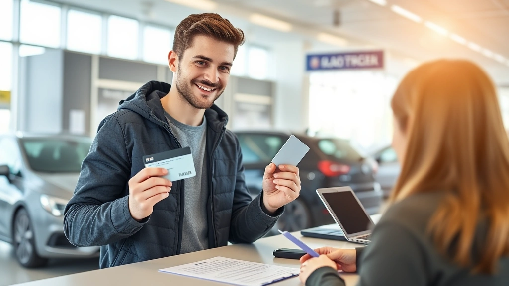 Young adult male holding valid driver's license and credit card at rental car counter, agent processing paperwork, bright modern rental office interior