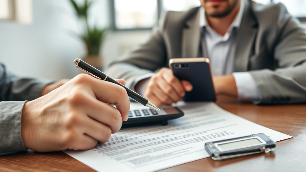 Close-up of rental agreement contract with pen, calculator, and young customer reviewing documents, professional office setting with natural lighting