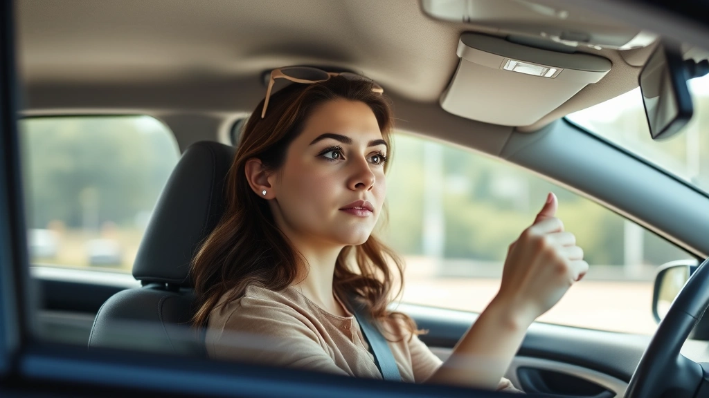 Female driver sitting in rental car interior checking mirrors and adjusting seat, clean vehicle interior, focused expression, daytime setting